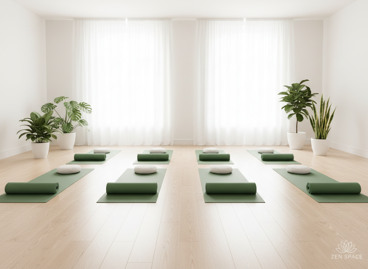 Bright, minimalist yoga and relaxation studio with light wooden floor, several neatly arranged green yoga mats, a few potted green plants, soft natural daylight, no people, shot as a wide room view, calm and airy composition, for a wellness website