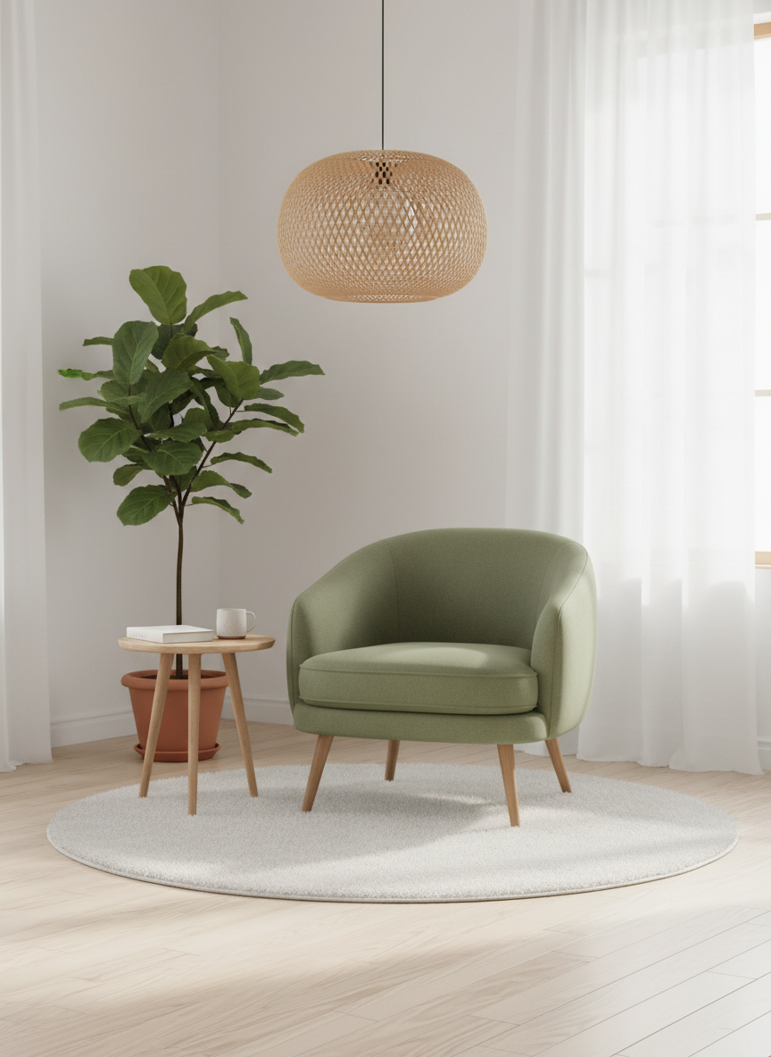 Zbliżenie jasnego, minimalistycznego wnętrza: jasna drewniana podłoga, biały kolorystyczny klimat, zielony fotel, okrągły dywan, rattanowa lampa, roślina w donicy, delikatne dzienne światło, spokojna atmosfera relaksu.