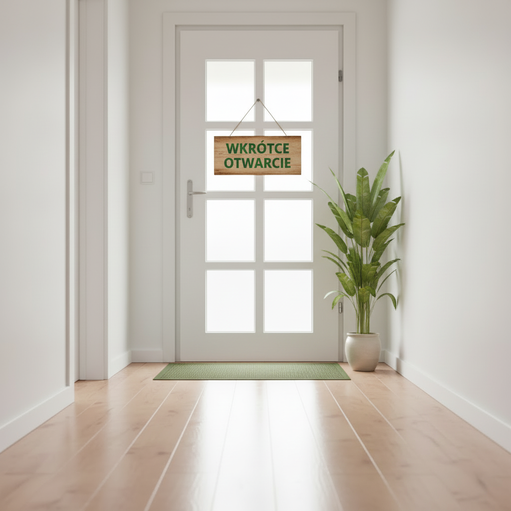 Zbliżenie na białe drzwi z 6 szybami, na drzwiach duża drewniana tabliczka z zielonym napisem „Wkrótce otwarcie”, jasna drewniana podłoga, obok drzwi roślina w doniczce, przed drzwiami zielona wycieraczka, jasne, minimalistyczne wnętrze, spokojny klimat wellness.