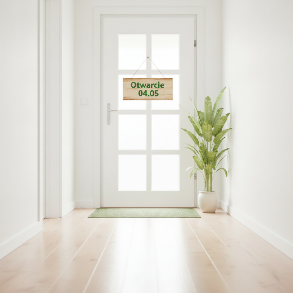Bright, minimalist doorway interior, white door with six glass panes, natural light, calm wellness studio vibe. On the door, a neatly centered rectangular wooden sign with the green text "Otwarcie 04.05" in a clean, readable font. Keep the overall composition and perspective similar to the previous "Wkrótce otwarcie" door image used on the site.